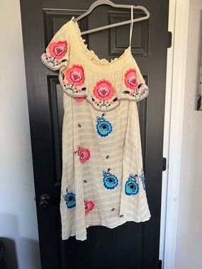 Cream Floral Embroidered One-Shoulder Girls Dress
